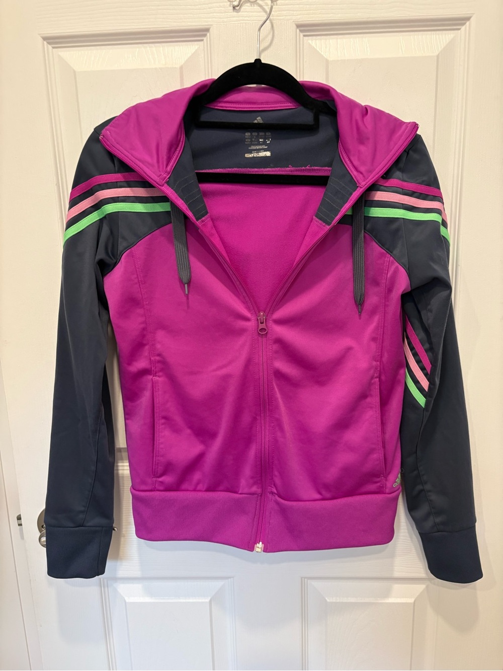 adidas Magenta and Charcoal Zip-Up Bomber Jacket with Green & Pink Stripes #1165